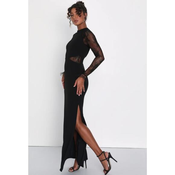 NEW Lulus Bragging Rights Black Lace Long Sleeve Column Maxi Dress - Picture 3 of 15